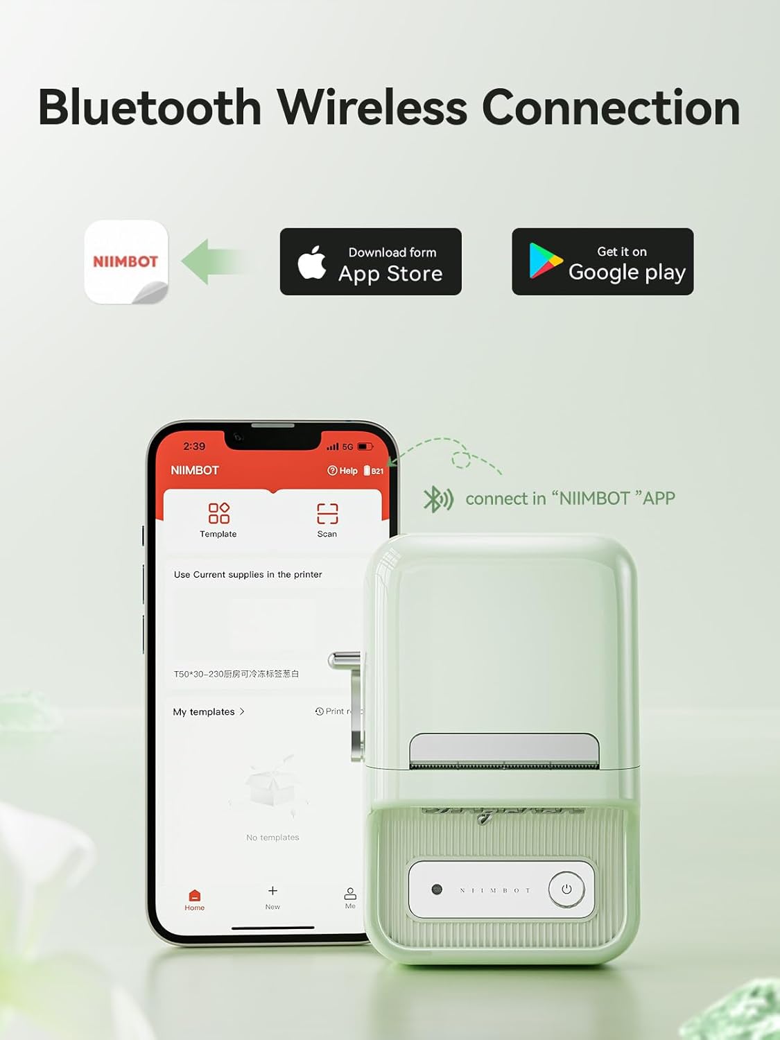 NIIMBOT B21 Label Printer,Bluetooth Thermal Label Maker,Ideal for Home Organization,Business,Ofice,50x30mm Label,230Pcs(Mint Green)