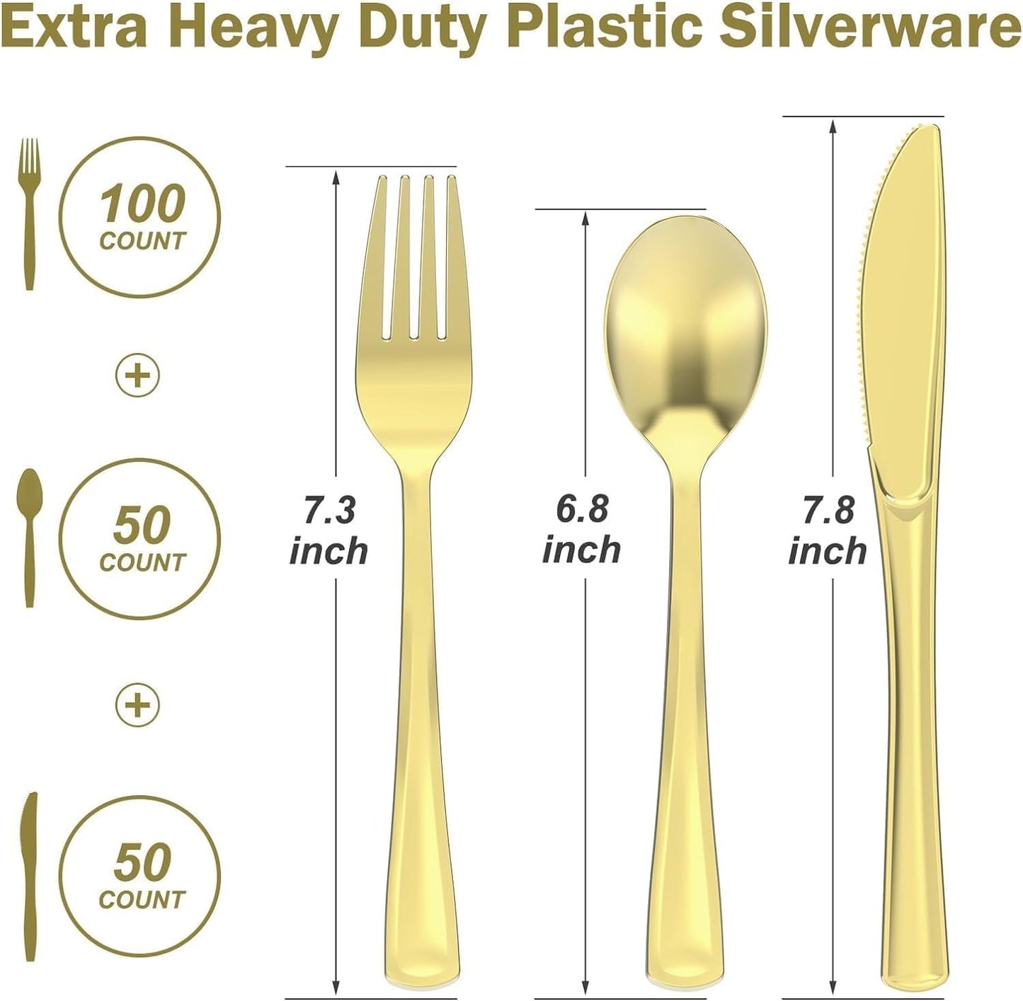 VARELLI 200 Count Heavy Duty Gold Plastic Silverware, 100 Forks, 50 Spoons, 50 Knives, BPA-Free, Heat Resistant, Disposable Gold Plastic Utensils Set, Plastic Cutlery Set, Plasticware Bulk for Party