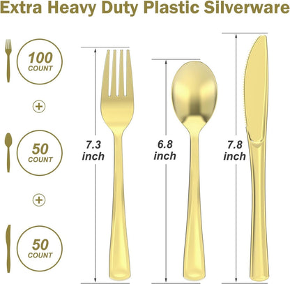 VARELLI 200 Count Heavy Duty Gold Plastic Silverware, 100 Forks, 50 Spoons, 50 Knives, BPA-Free, Heat Resistant, Disposable Gold Plastic Utensils Set, Plastic Cutlery Set, Plasticware Bulk for Party
