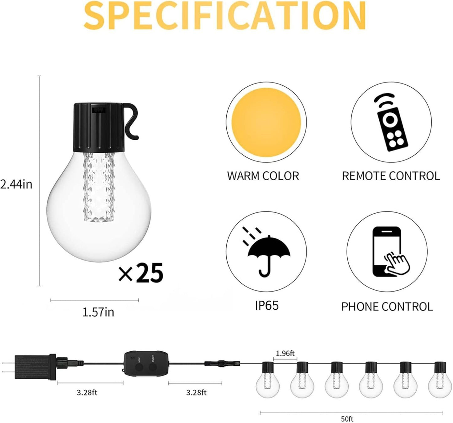 50FT Smart LED Outdoor String Lights – Dimmable G40 Globe LEDs Patio Lights Plug in with 25 LED Bulbs, Waterproof Hanging Light Connectable up to 100FT– Backyard Porch Balcony Party Decor