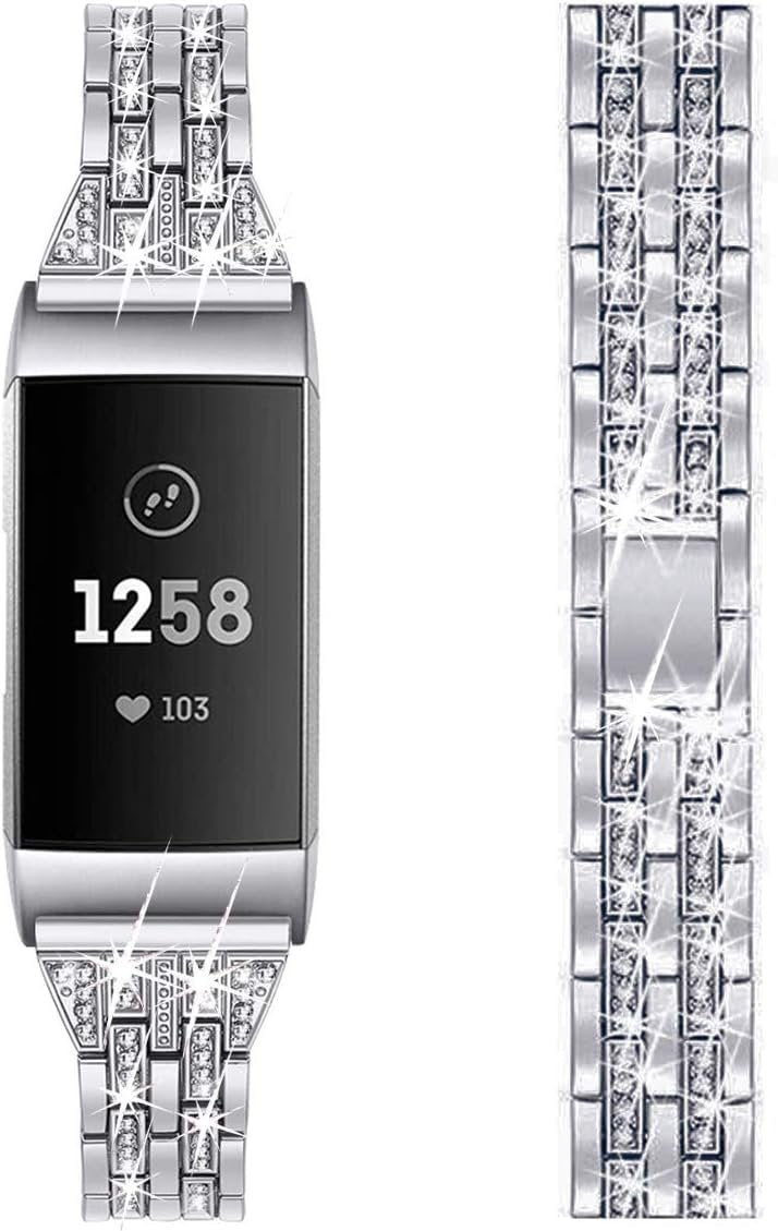 BORCHY Bling Bands Compatible with Fitbit Charge 4/Fitbit Charge 3/Fitbit Charge 3 SE Smartwatch,Rhinestone Dressy Bracelet Replacement Metal Bands with Bling Diamond Rhinestone Bracelet Metal Strap for Wristbands Jewelry Strap Women Girl