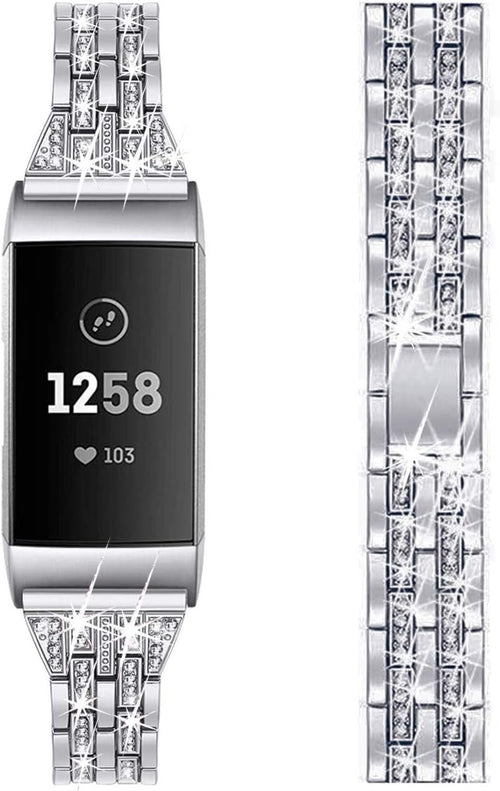 BORCHY Bling Bands Compatible with Fitbit Charge 4/Fitbit Charge 3/Fitbit Charge 3 SE Smartwatch,Rhinestone Dressy Bracelet Replacement Metal Bands with Bling Diamond Rhinestone Bracelet Metal Strap for Wristbands Jewelry Strap Women Girl