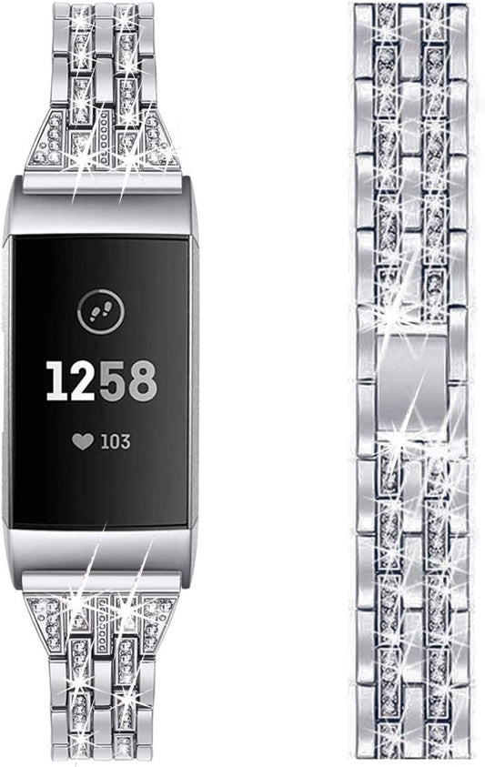 BORCHY Bling Bands Compatible with Fitbit Charge 4/Fitbit Charge 3/Fitbit Charge 3 SE Smartwatch,Rhinestone Dressy Bracelet Replacement Metal Bands with Bling Diamond Rhinestone Bracelet Metal Strap for Wristbands Jewelry Strap Women Girl