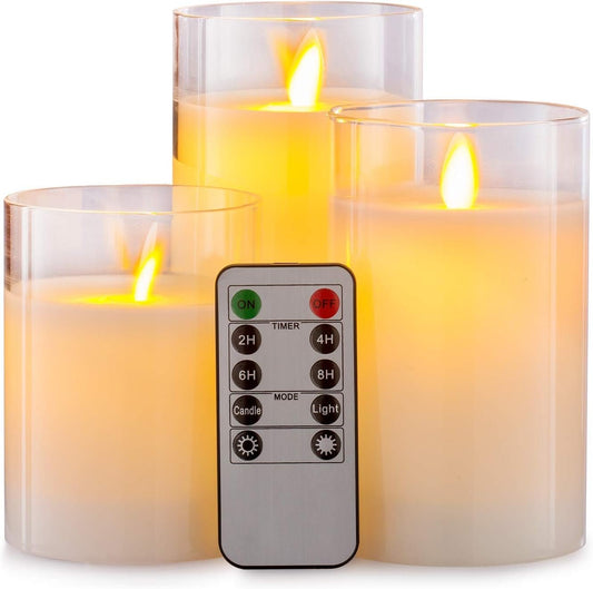 AKU TONPA Pack of 3 (Φ 3" x H 4"/5"/6") LED Flameless Battery Operated Candles with Remote and Timer, Acrylic Pillar Candles for Festival Wedding Christmas Home Party Decor, Indoor and Outdoor Use