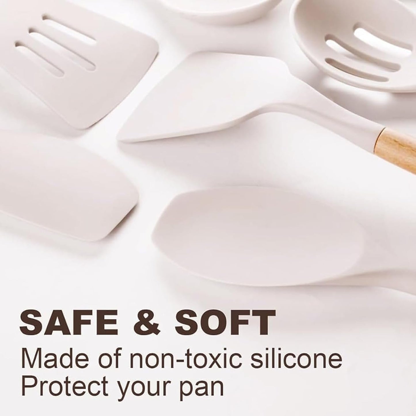 12 Pcs Silicone Kitchen Utensils Set with Wooden Handles, Heat Resistant Non-Stick Kitchen Utensils with Tongs, Spatula, Spoons and Stand, Dishwasher Safe, Best Kitchen Gadgets (Beige,