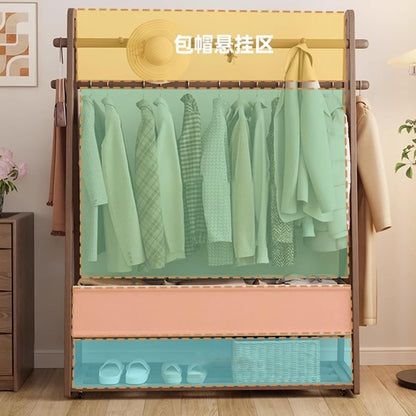 Generico Appendiabiti Elegante in Legno massello con Ruote - Appendiabiti Mobile per Cappelli e Vestiti per Ingresso e Camera da Letto - Design salvaspazio con Borsa in Tessuto per Una Facile organiz