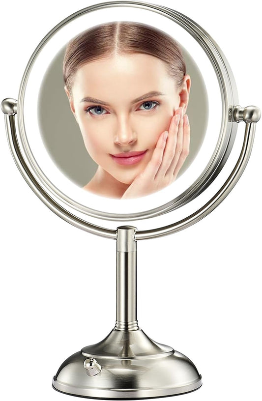 Professional 8.5" Large Lighted Makeup Mirror with Brighter Lights, 1X/10X True HD Magnifying Mirror with 3 Color Dimmable Lights, 80 Shadowless LEDs, 360°Swivel Seamless Vanity Mirror, Pearl Nickel