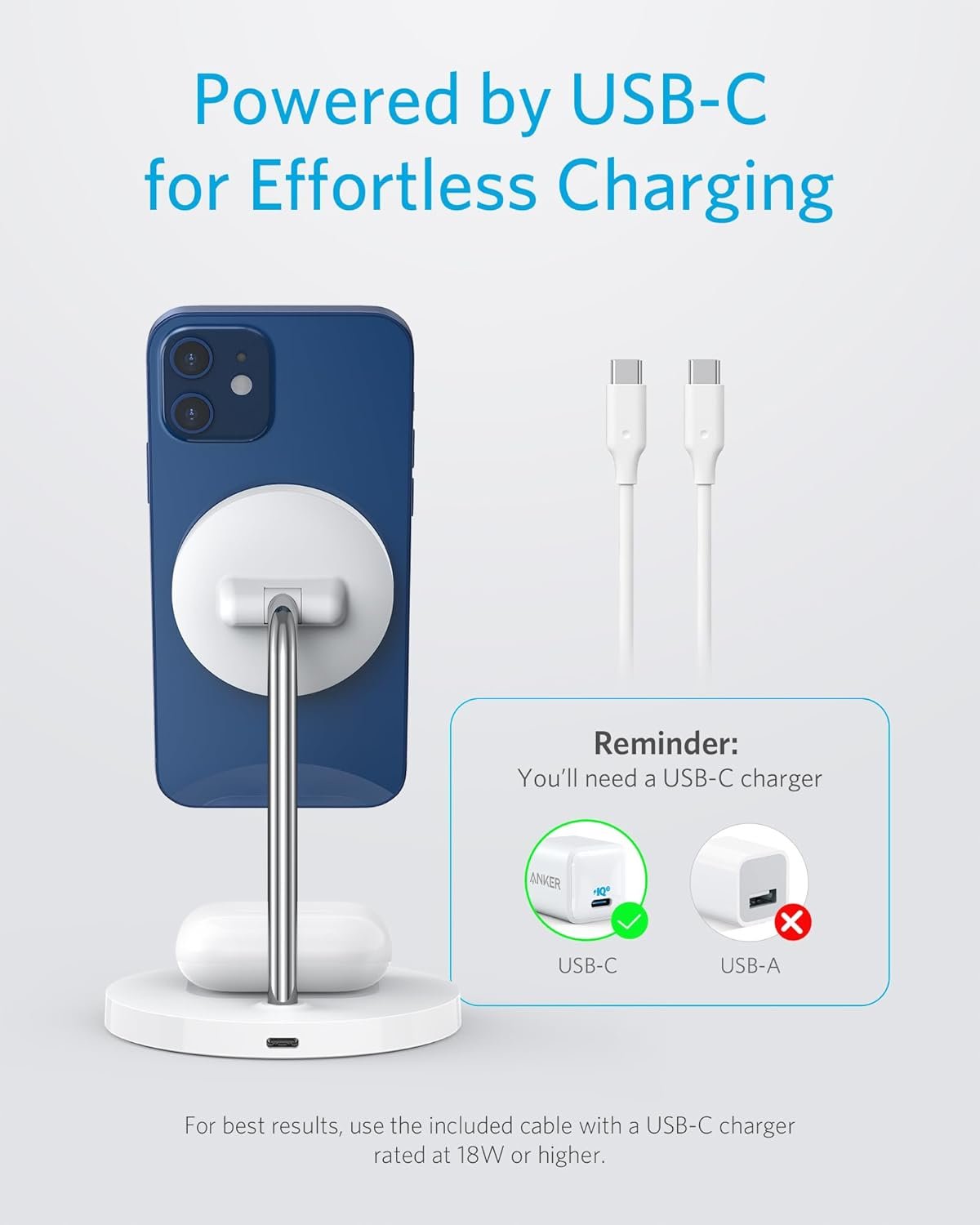 Anker iPhone 16 Wireless Charging Stand, PowerWave 2-in-1 Magnetic Stand Lite with USB-C Cable, for iPhone 16/15/14/13 Series, AirPods (No AC Adapter)