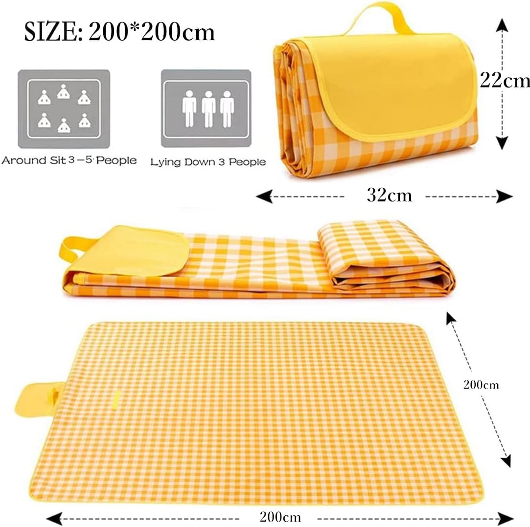 Luimode Picnic Blanket 200x200cm Camping Blanket Large Foldable Outdoor Blanket for Grass, Beach Blanket Waterproof Sandproof, Picnic Mat Washable Portable for Camping (Yellow)