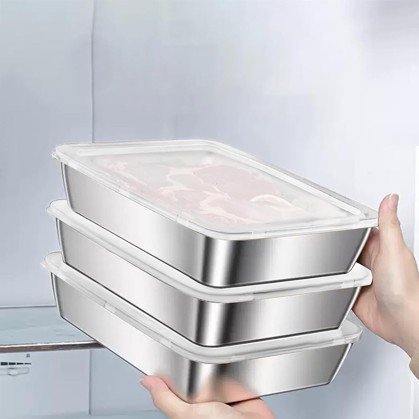 4pack Large Stainless Steel Food Containers Rectangle Food Storage Box Leak Proof Plastic Lid Airtight Meat Storage Container for Fridge,Kitchen Dishwasher Safe