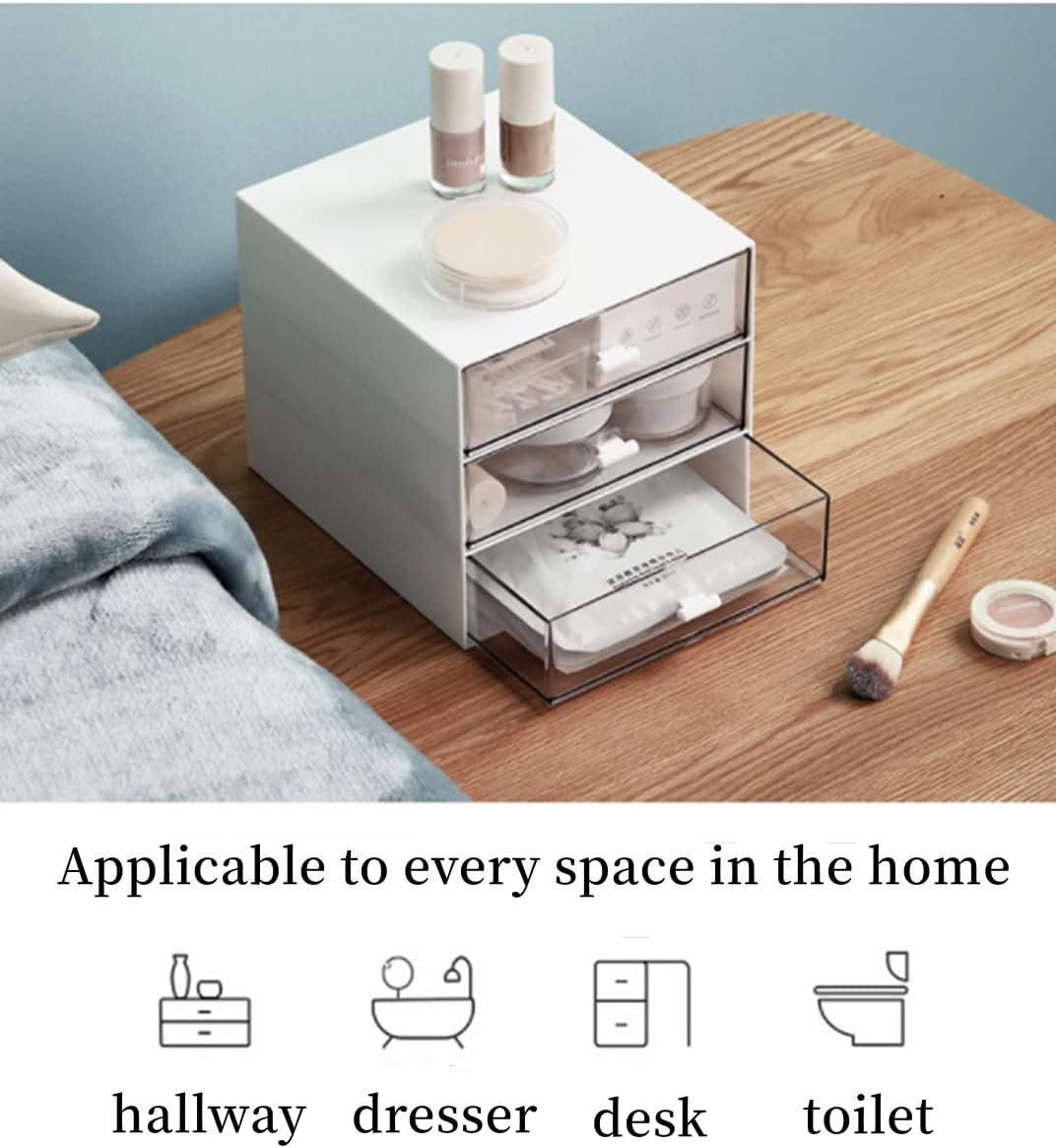 FAMULEI Desk Storage, Makeup Storage Box With 4 Drawers, Cosmetic Storage Organizer, Plastic Office Stationery Supplies Organizers, Desktop Organizer for Office School Home And Bathroom (White)