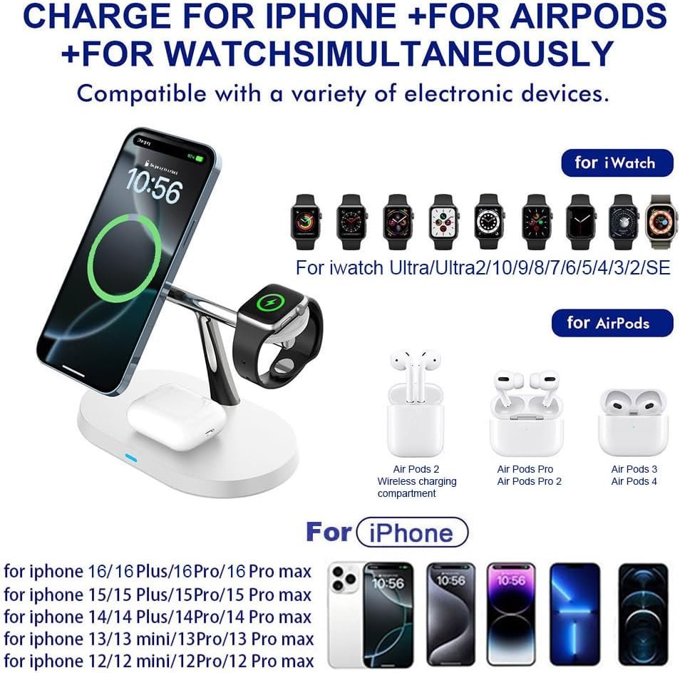 3 in 1 Wireless Charger Stand for Mag-Safe Charging,15W Fast Magnetic Wireless Charging Station for iPhone 16/15/14/13/12 Pro/Pro Max/Plus/mini,AirPods,Apple Watch Series 10/9/8/7/6/SE/5/4/3/Ultra 2
