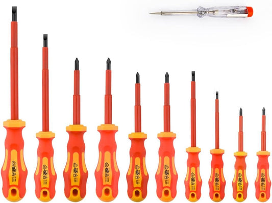 Gunpla 11 Pieces VDE Insulated Screwdriver Set, 1000V with Black Tip Magnetic, TPR Handle Electrician Soft-Grip Slotted Phillips and Pozi Tools with Safety Tester for Electrician Repair