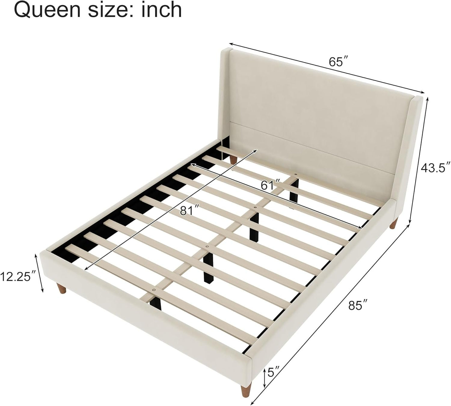 GDFStudio Modern Cream Velvet Upholstered Platform Bed with Wingback Headboard, Walnut Wooden Legs, No Box Spring Needed, Soft Touch Fabric, Solid Frame, Queen Size