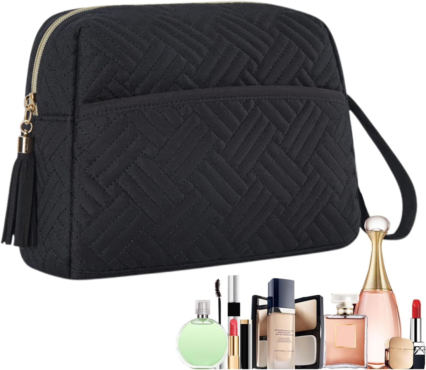 Large Capacity Makeup Bag, Waterproof Cosmetic Organizer with Strap, Travel Toiletries Pouch for Beauty Necessities, Brushes, Accessories, and Daily Use, Black, Please refer to description