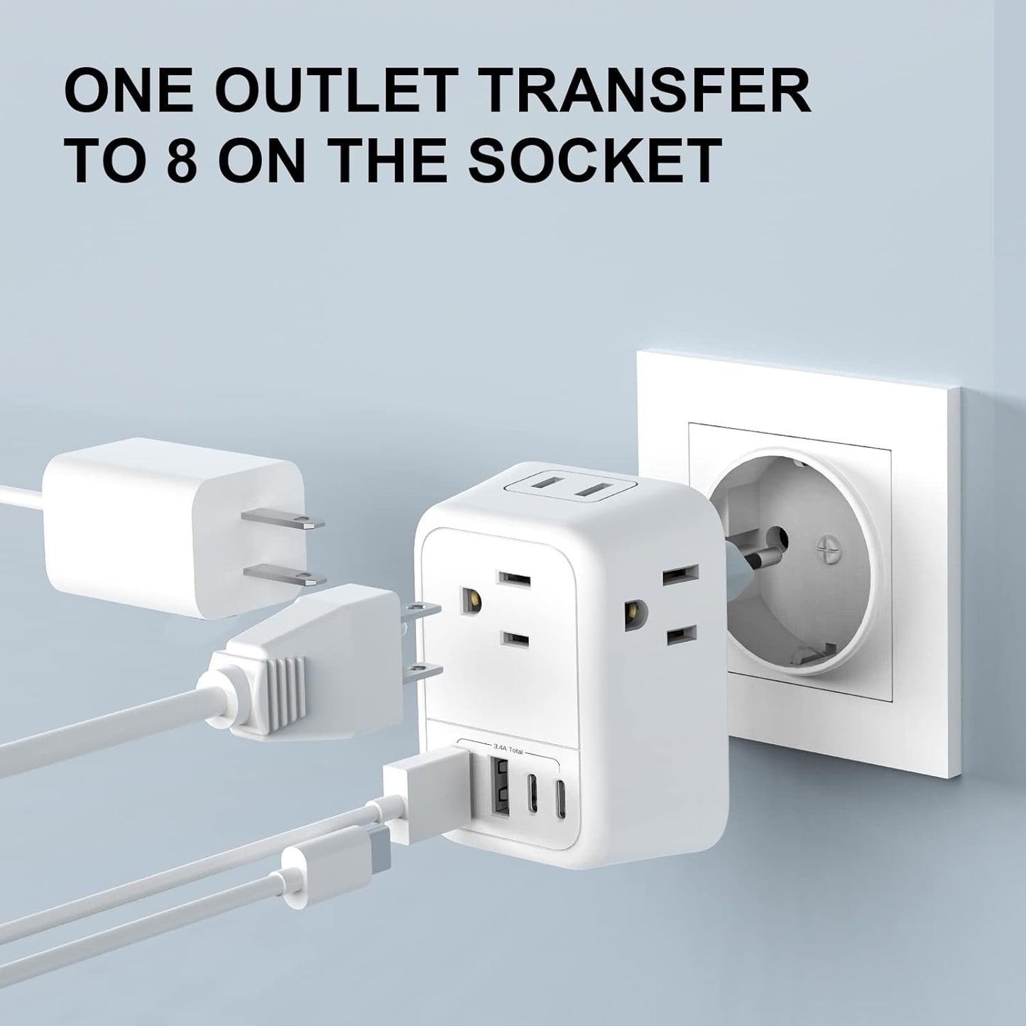 VYLEE Travel Plug Adapter with 4 AC Outlets and 4 USB Ports - European and International Power Adapter, Type C Plug Adapter Travel Essentials to Most Europe EU Spain Italy France Germany [1 Pack]