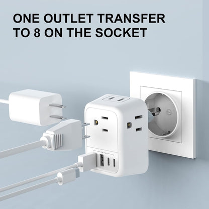 VYLEE Travel Plug Adapter with 4 AC Outlets and 4 USB Ports - European and International Power Adapter, Type C Plug Adapter Travel Essentials to Most Europe EU Spain Italy France Germany [1 Pack]