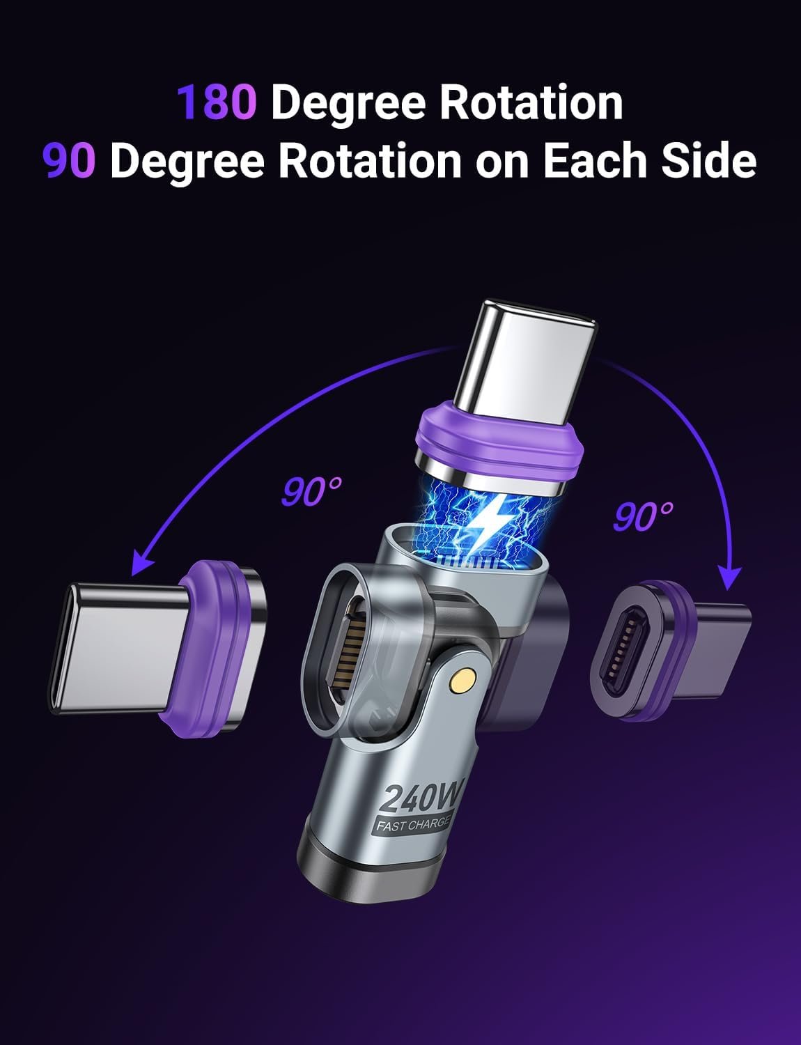 AUFU PD 240W 16PIN USB C Magnetic Adapter(2Pack)/180 ° Rotation USB C 90 Degree Adapter/Right Angle USB Adapter/Magnetic C to C for 1Phone 16/15 Series, Ma-Book /1Pad Series, Samsung Galaxy