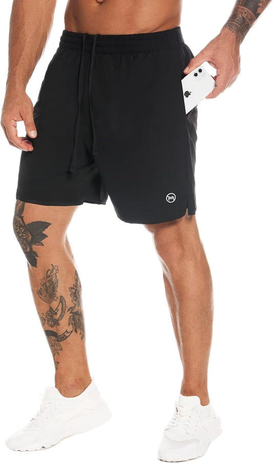 MOVEUP 2 in 1 Gym Running Shorts 7" Quick Dry Spandex Shell Fabric Compression Lining Sport Shorts Basketball Shorts Active Fitness Shorts Workout Training Shorts with Zipper Pocket for Men