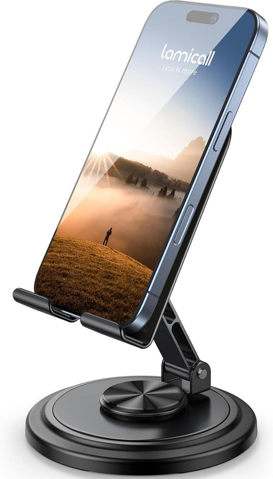 Lamicall Adjustable Phone Stand for Desk - 360 Rotating Foldable Cell Phone Holder Desktop Portable Cellphone Stand, Office Desk Accessories for iPhone 16 15 14 13 Pro Max, 4-10”Smartphones, iPad Mini