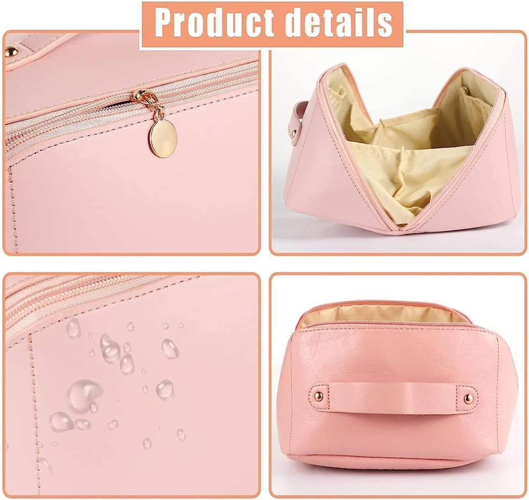 SJBAUTYO 1pcs Cosmetic Bag for Travel, Women's Soft PU Leather Cosmetic Bag, Large Capacity Travel Cosmetic Bag, Organizer Toiletry Bag, Travel Makeup…, pink