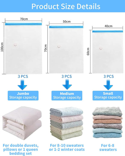 9 Packs Vacuum Compression Storage Bags with Travel Hand Pump, Space Saver Sealer Bags for Clothes, Bedding, Pillows, Scarfs, Blankets Storage, Multifunctional Vacuum Sealer Airtight Organization Bags