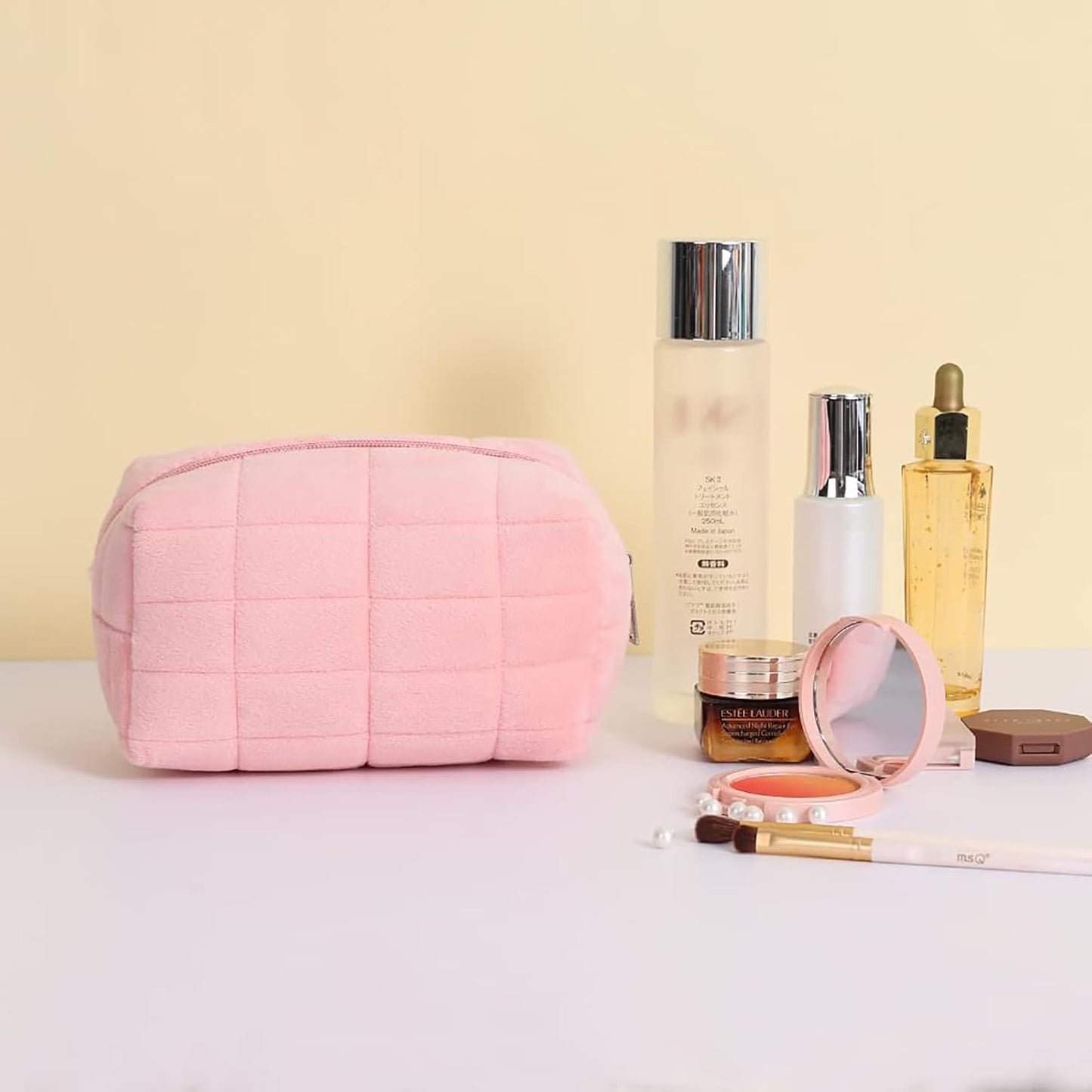 Plush Makeup Bag Cosmetic Bag for Women,Zipper Large Solid Color Travel Toiletry Bag Travel Make Up Toiletry Bag Pouch for Girls Student (Pink)