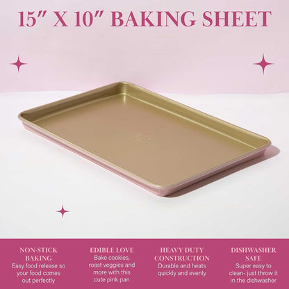 Paris Hilton Nonstick Carbon Steel Bakeware Collection, 15-Inch x 10-Inch Cookie Baking Sheet, Dishwasher Safe, Made Without PFOA and PFAS, Pink Champagne Two-Tone
