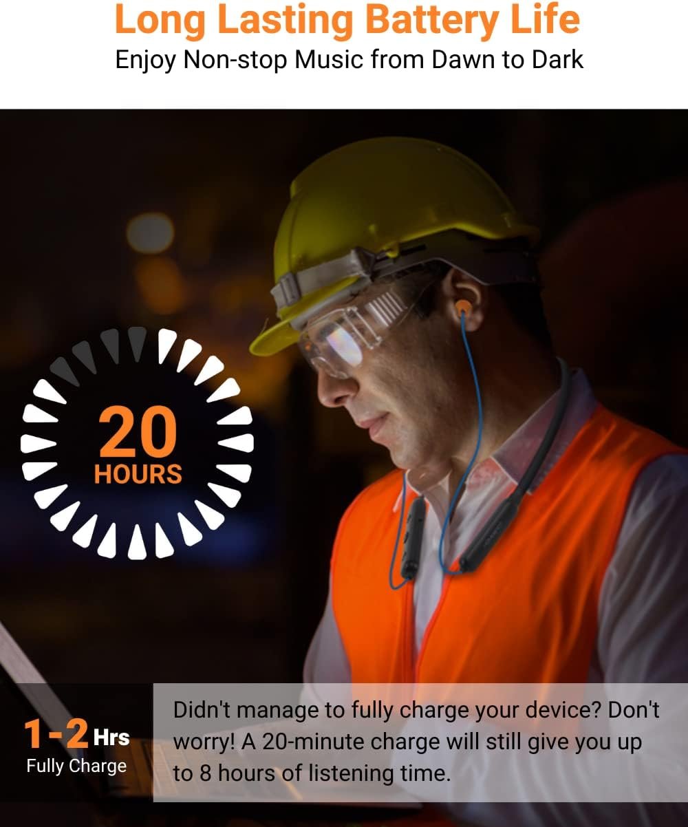 HomeSpot Noise Reduction Wireless Neckband Headphones with Qualcomm aptX HD, 27dB NRR, CVC Noise Cancelling Mic & Controls and 20H Playtime for Work Safety OSHA Compliant