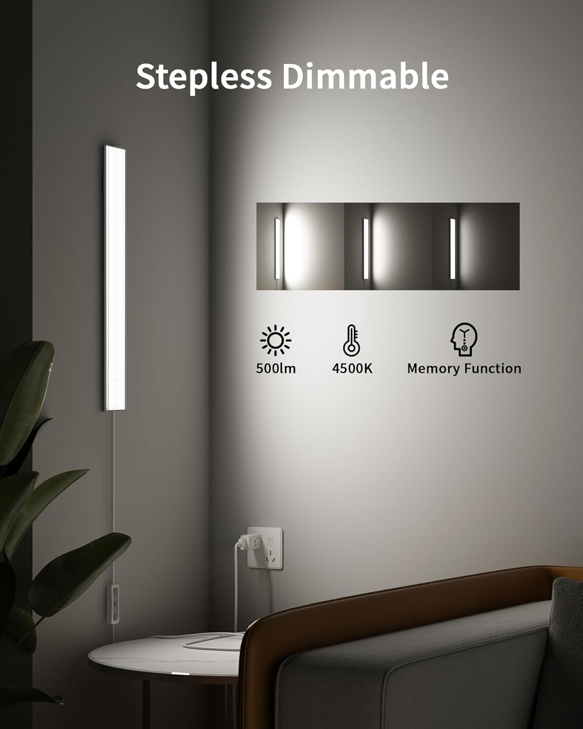 ASOKO Under Cabinet Lighting, Upgrade 16inch LED Closet Light with Dimmable 4500K Daylight White and Memory Function, Plug-in Under Counter Lights for Kitchen/Desk/Shelf/Workbench/Display Case/Room
