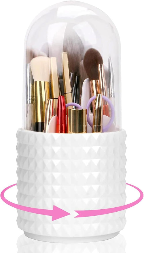 CINRA Makeup Brush Holder Organizer with Lid - 360° Rotating Makeup Brush Organizer Multi-Functional Clear Makeup Organizer Dustproof Make Up Brushes Container for Vanity Desktop Bathroom Countertop