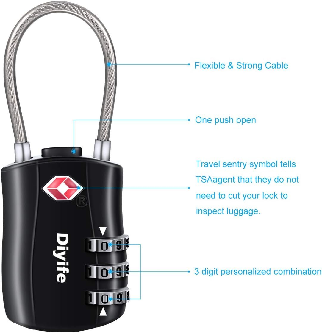 TSA Luggage Locks,3-Digit Security Padlock, [Newest Version] Diyife Combination Padlocks, Travel Code Lock for Suitcases, Luggage, Bag, Case, Backpack, Gym Lockers (Black&Blue&Red&Orange, 4 Pcs)
