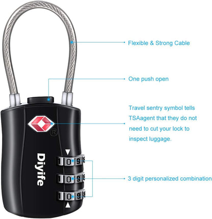 TSA Luggage Locks,3-Digit Security Padlock, [Newest Version] Diyife Combination Padlocks, Travel Code Lock for Suitcases, Luggage, Bag, Case, Backpack, Gym Lockers (Black&Blue&Red&Orange, 4 Pcs)
