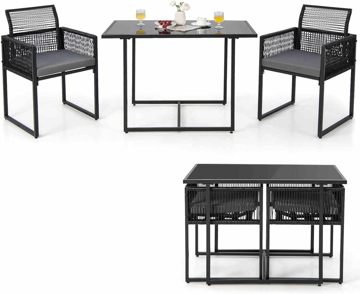 Costway 3 Pieces Outdoor Dining Set, Patio PE Rattan Furniture Set w/Folding Backrest, Cozy Seat Cushions, Tempered Glass Tabletop, Space-Saving Rattan Chair Table Set for Backyard, Poolside