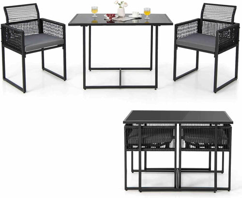 Costway 3 Pieces Outdoor Dining Set, Patio PE Rattan Furniture Set w/Folding Backrest, Cozy Seat Cushions, Tempered Glass Tabletop, Space-Saving Rattan Chair Table Set for Backyard, Poolside