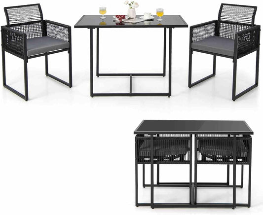 Costway 3 Pieces Outdoor Dining Set, Patio PE Rattan Furniture Set w/Folding Backrest, Cozy Seat Cushions, Tempered Glass Tabletop, Space-Saving Rattan Chair Table Set for Backyard, Poolside