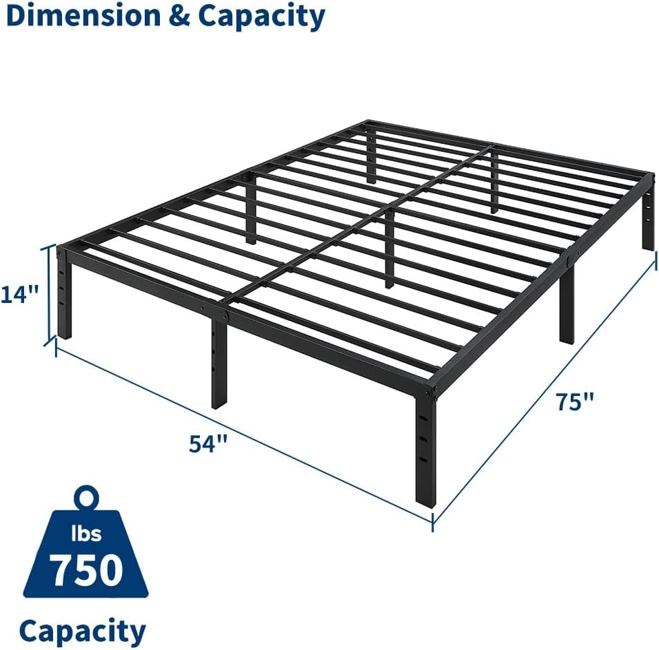 Lennox furniture Full Sturdy Steel Pre-Assembled 14 Slats Metal Platform Bed Frame Support No Box Spring Needed Fast and Easy Assembly