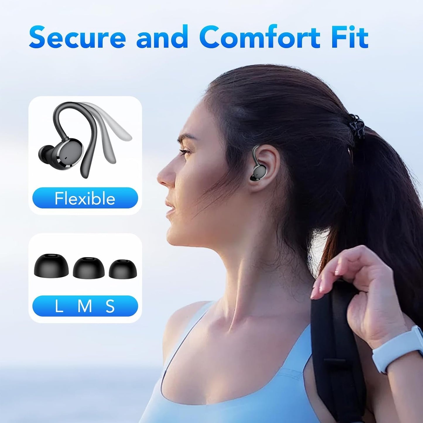Wireless Earbuds, Bluetooth 5.3 Headphones with Earhook, 72Hrs Playtime, Deep Bass, 4 ENC Noise Cancelling Mic, IP7 Waterproof, LED Display, Over Ear Buds for Workout, Travel, Black