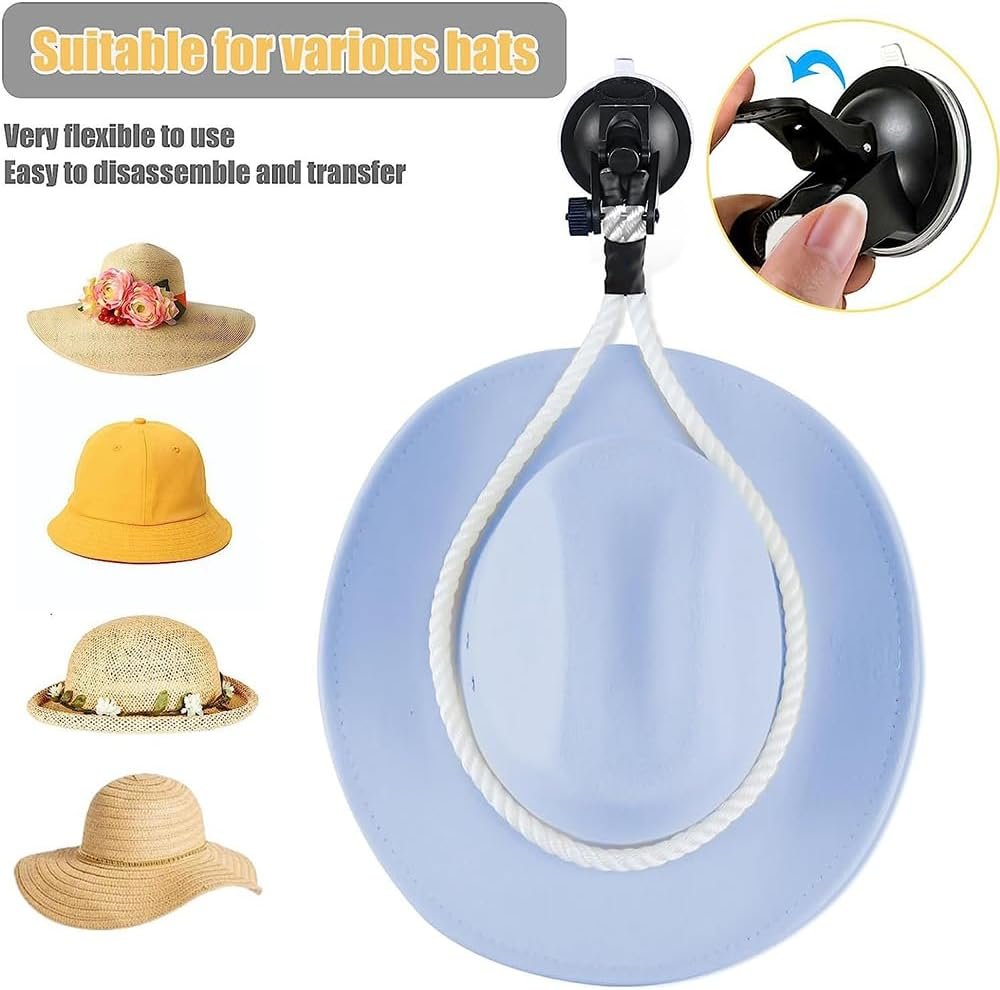 Universal Car Hat Mount with Suction Cup - 2Pcs Secure Cowboy Hat Holder for Dash, Trucks, SUVs, Cars | Auto Interior Accessories to Keep Hats Safe & Organized
