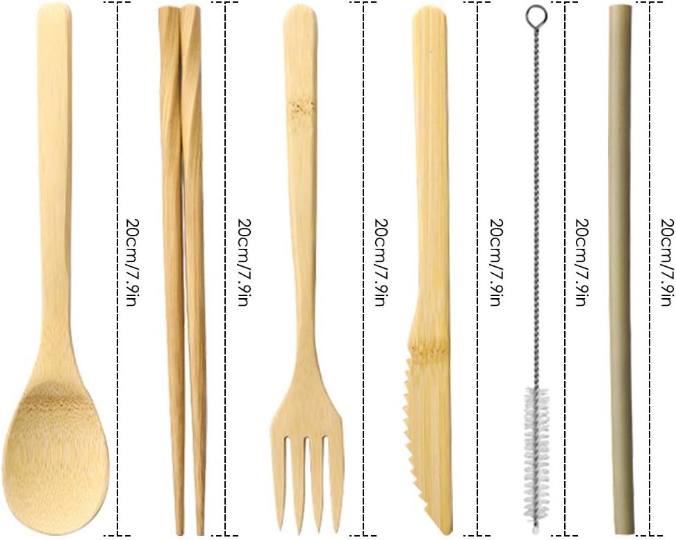 Set of 2, Bamboo Utensils Cutlery, DaKuan Reusable Cutlery Travel Set, Bamboo Spoon, Fork, Knife, Brush, Chopsticks and Straw, Eco-Friendly Portable Utensils with Case