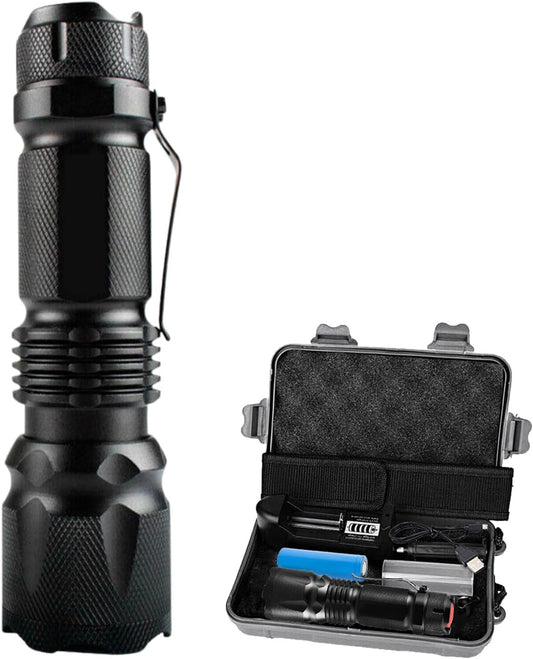 Leona Co High Lumens Flashlight, USB Rechargeable 90000 Lumen Led Flashlights, Super Bright Flash Light, Powerful Handheld Tactical Torch for Emergencies Camping Hiking with Carry Box