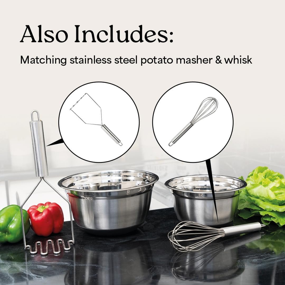 WHYSKOÂ® Stainless Steel Mixing Bowls With Lids Plus Stainless Steel Whisk, Potato Masher and Grater Lids, 5 Nesting Mixing Bowls And Kitchen Tools for Meal Prep, Cooking, Baking, Serving, Food Storage