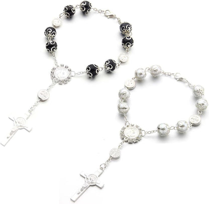 Ziciner 2 Car Rosary for Rearview Mirror, Personalized Blessing Rear View Mirror Hanging Decor, Auto Rosary Pendant, Car Interior Accessory (Black & Silver)