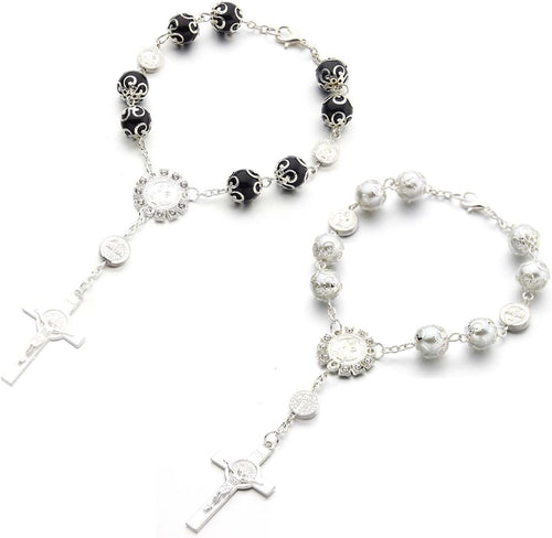 Ziciner 2 Car Rosary for Rearview Mirror, Personalized Blessing Rear View Mirror Hanging Decor, Auto Rosary Pendant, Car Interior Accessory (Black & Silver)