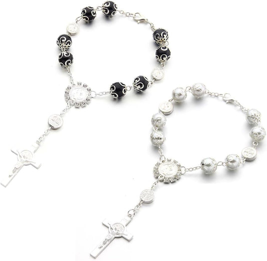Ziciner 2 Car Rosary for Rearview Mirror, Personalized Blessing Rear View Mirror Hanging Decor, Auto Rosary Pendant, Car Interior Accessory (Black & Silver)