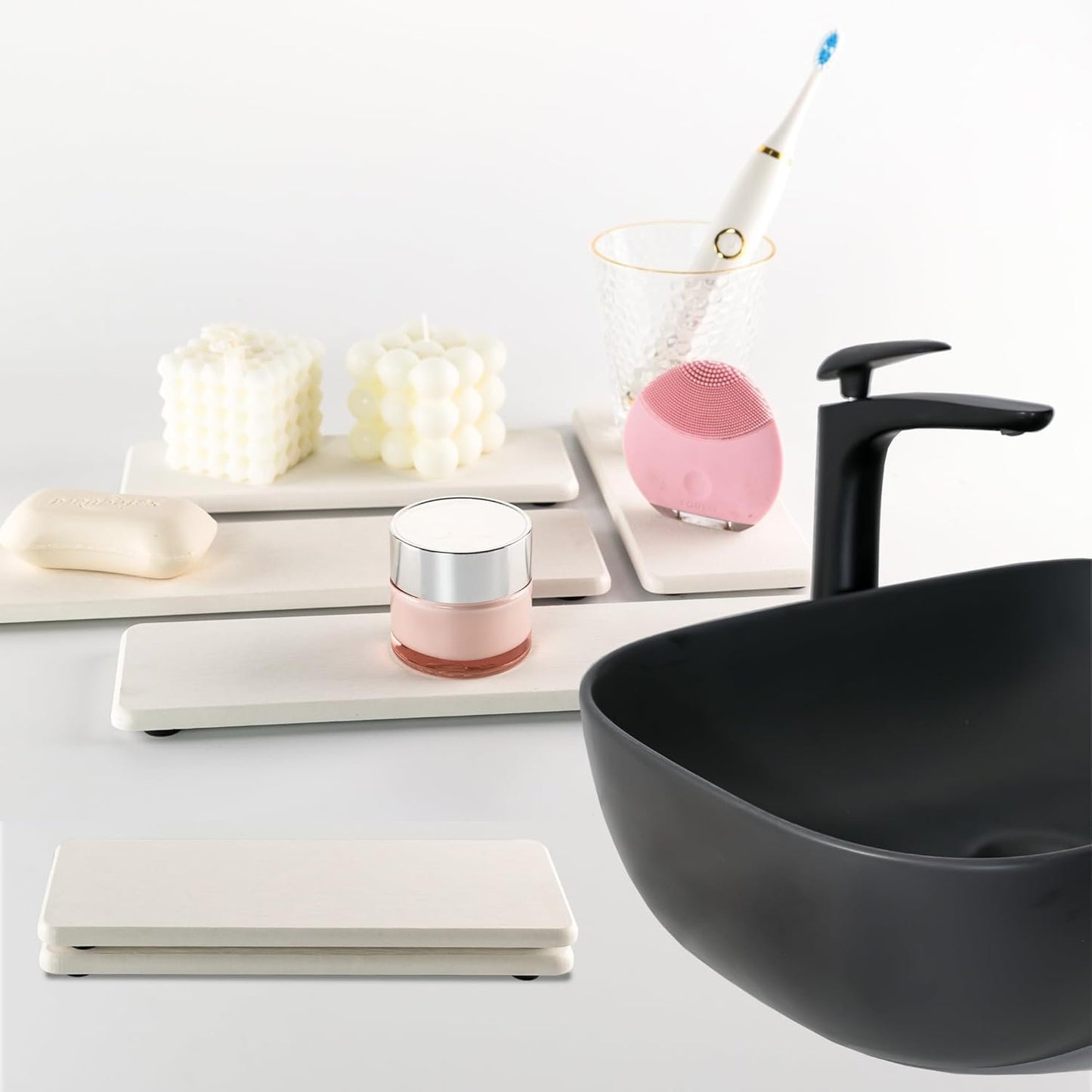 NiuYichee 2 PCS Bathroom Vanity Trays(8.66" * 3.15"), Diatomite Coasters, Kitchen Sink Soap Dish, Water Absorbing Stone Used for Hand Soap & Plants & Cosmetic Bottles in The Modern Home