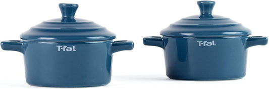 T-Fal Ceramic 2 Pc Mini-Cocotte set with lids, uniform heat-distribution, oven, microwave, freezer and dishwasher safe, blue
