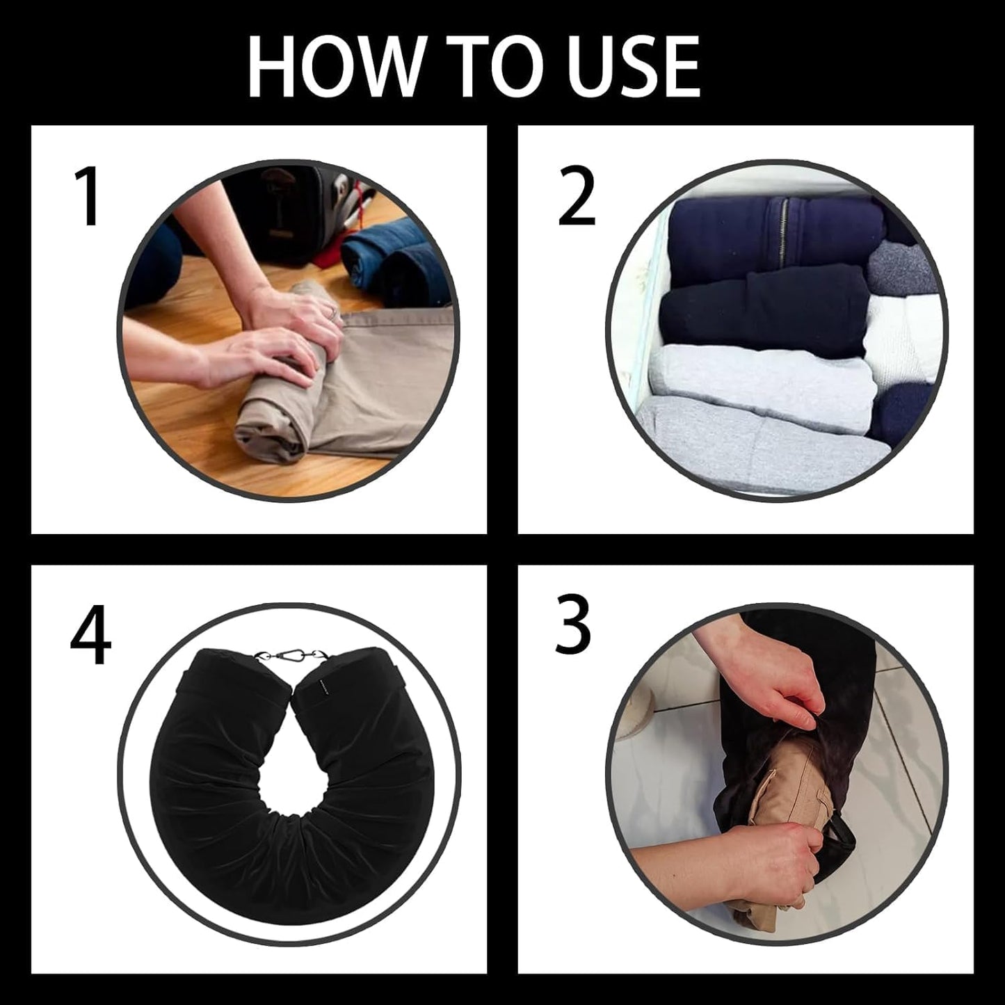 Stuffable Travel Pillow, Comfortable Neck Pillow with Snap Strap, Multi-Functional Travel Neck Pillow with Clothes Storage, Stuffable Travel U-shaped pillow, Fillable Portable Neck Pillow Case (BK)