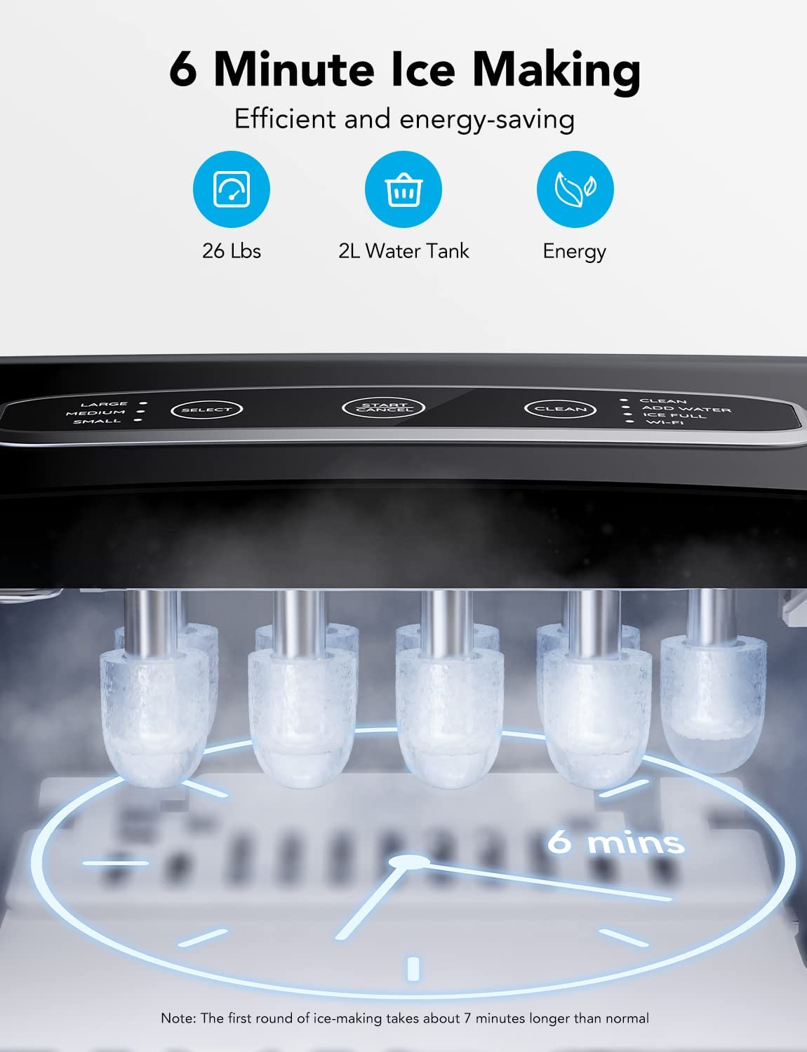 GoveeLife Smart Countertop Ice Makers with Wi-Fi, 9 Ice in 6-8min, 26lbs in 24 Hours, Portable Ice Machine, 2L Water Tank, for Home Kitchen Party Camping, with Ice Scoop and Basket, Stainless Silver
