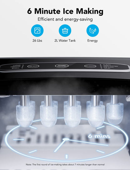 GoveeLife Smart Countertop Ice Makers with Wi-Fi, 9 Ice in 6-8min, 26lbs in 24 Hours, Portable Ice Machine, 2L Water Tank, for Home Kitchen Party Camping, with Ice Scoop and Basket, Stainless Silver